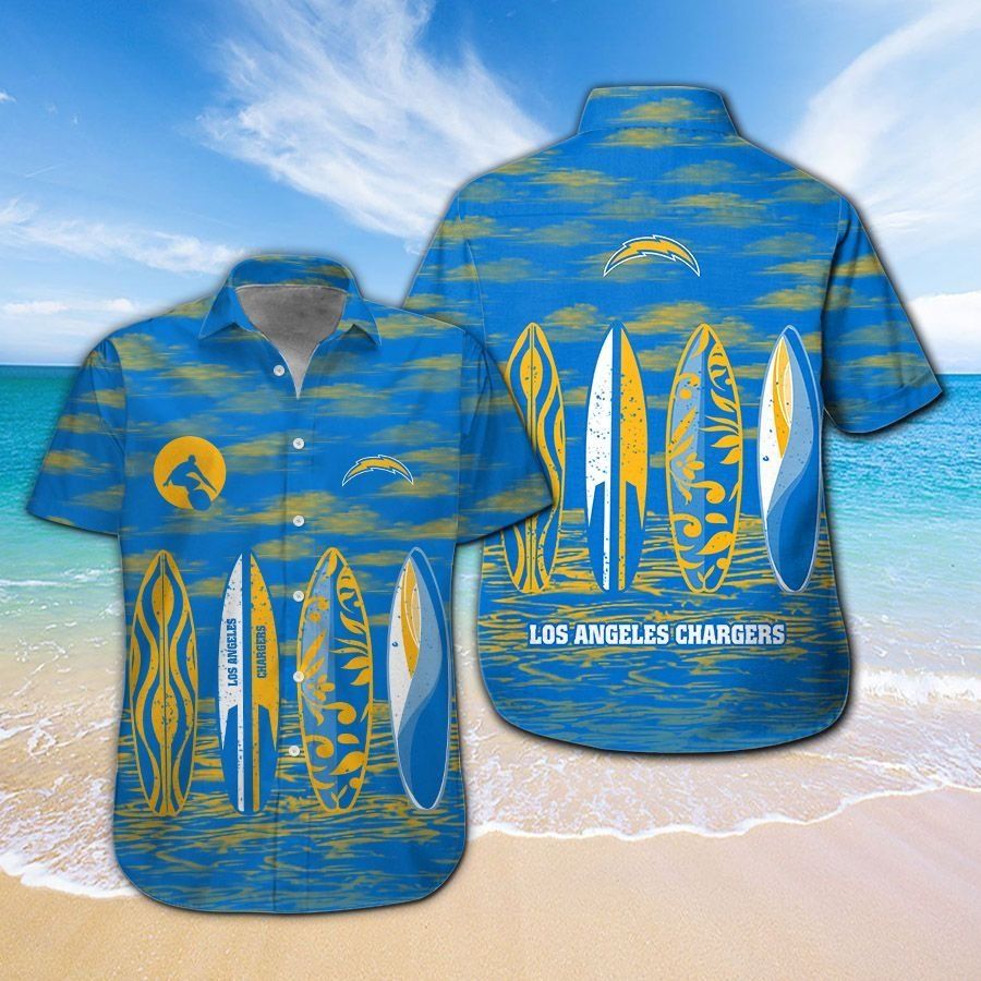 Los Angeles Chargers Short Sleeve Button Up Tropical Hawaiian Shirt VER015 Unisex T-shirt, Sweatshirt, Hoodie, Long Sleeve Tee - T-Shirt, Sweatshirt, Hoodie