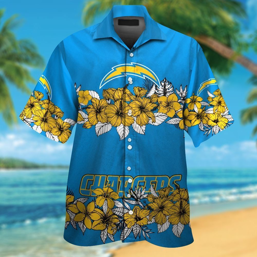 Los Angeles Chargers Short Sleeve Button Up Tropical Hawaiian Shirt VER016 Unisex T-shirt, Sweatshirt, Hoodie, Long Sleeve Tee - T-Shirt, Sweatshirt, Hoodie