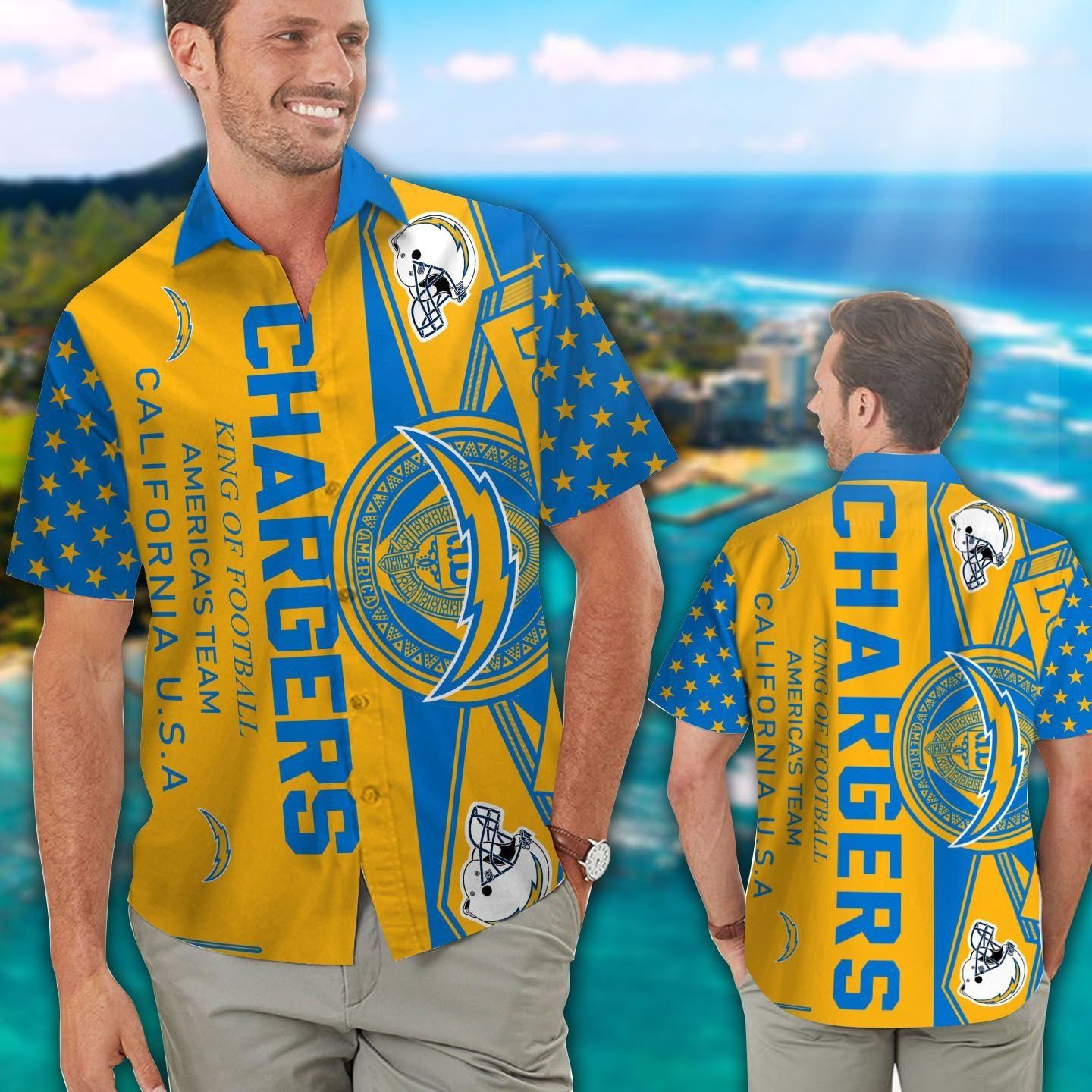 Los Angeles Chargers Short Sleeve Button Up Tropical Hawaiian Shirt VER021 Unisex T-shirt, Sweatshirt, Hoodie, Long Sleeve Tee - T-Shirt, Sweatshirt, Hoodie