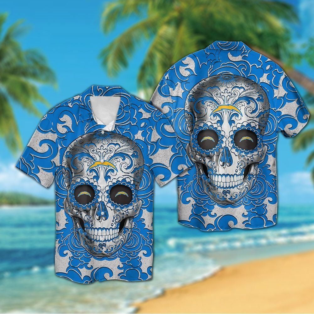 Los Angeles Chargers Sugarskull Short Sleeve Button Up Tropical Hawaiian Shirt Unisex T-shirt, Sweatshirt, Hoodie, Long Sleeve Tee - T-Shirt, Sweatshirt, Hoodie