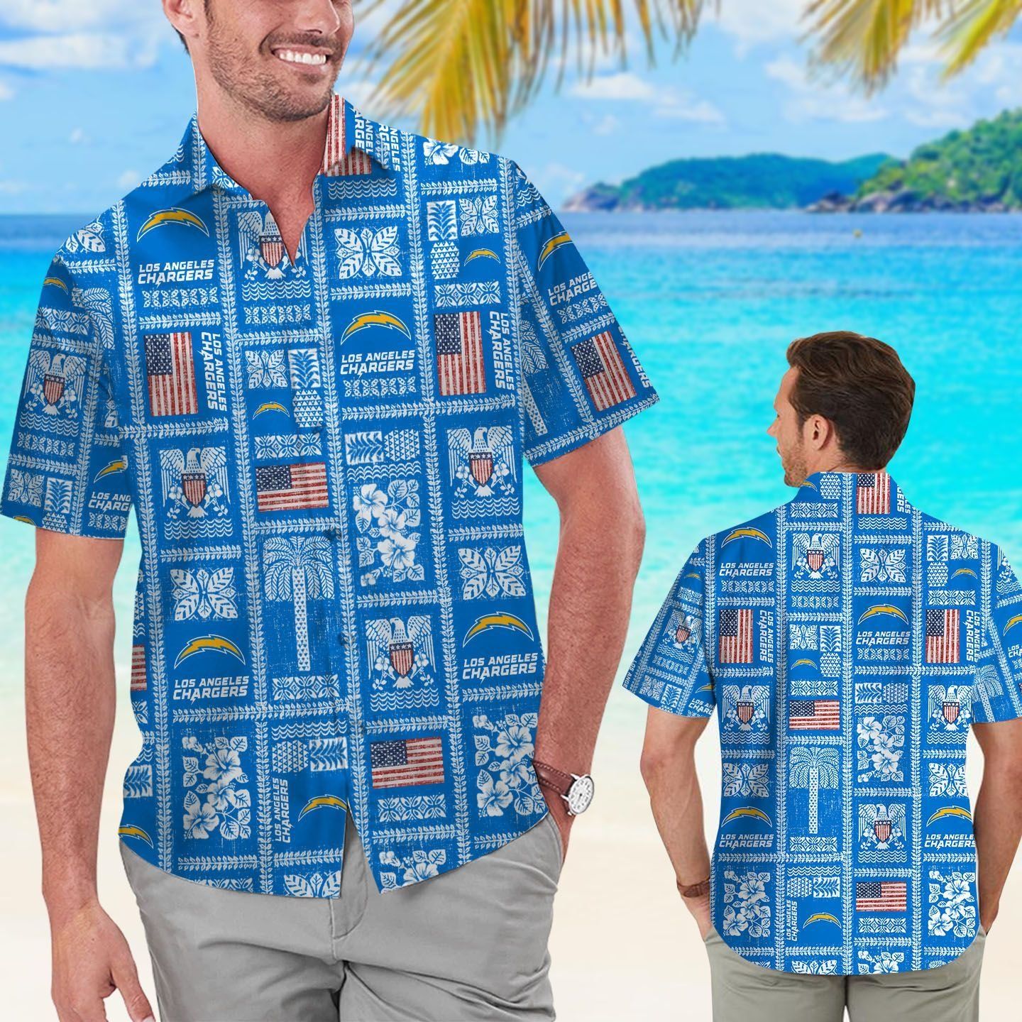 Los Angeles Chargers Summer Commemorative Short Sleeve Button Up Tropical Hawaiian Shirt Unisex T-shirt, Sweatshirt, Hoodie, Long Sleeve Tee - T-Shirt, Sweatshirt, Hoodie