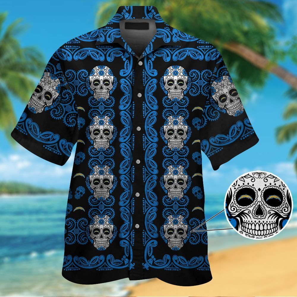 Los Angeles Chargersskull Short Sleeve Button Up Tropical Hawaiian Shirt VER02 Unisex T-shirt, Sweatshirt, Hoodie, Long Sleeve Tee - T-Shirt, Sweatshirt, Hoodie