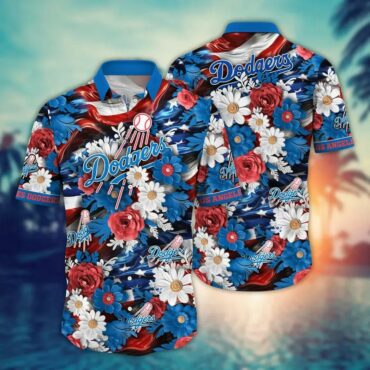 Los Angeles Dodgers Floral Americana Hawaiian Shirt Unisex T-shirt, Sweatshirt, Hoodie, Long Sleeve Tee - T-Shirt, Sweatshirt, Hoodie