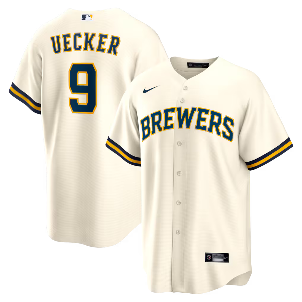 Bob Uecker Milwaukee Brewers Home Retired Player Jersey - Cream baseball jersey product view 1