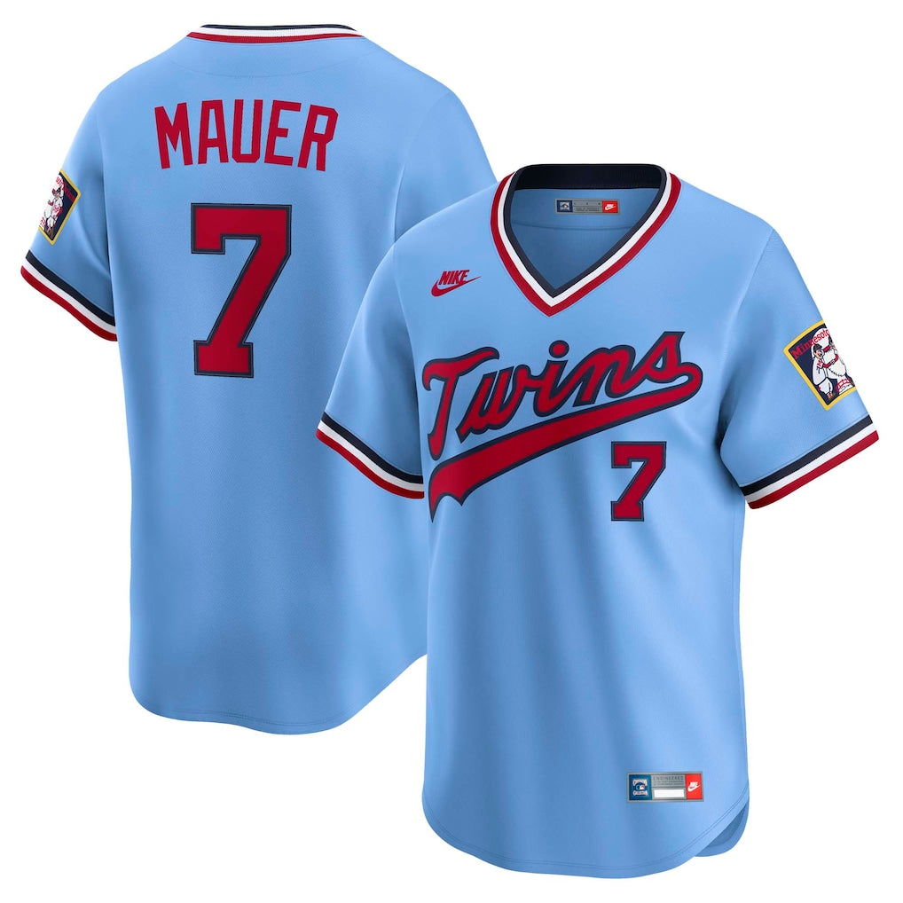 Joe Mauer Minnesota Twins Throwback Cooperstown Collection Jersey - Light Blue baseball jersey product view 1