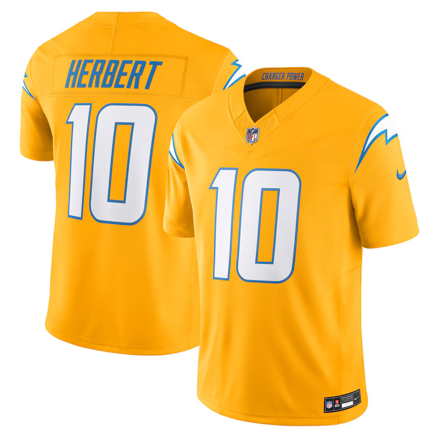 Justin Herbert Los Angeles Chargers Alternate Charger Power Jersey - Gold football jersey product view 1