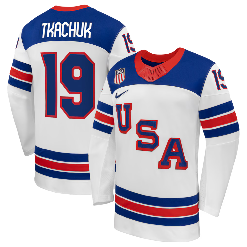 Matthew Tkachuk USA 2026 Olympic Away Jersey - White sports jersey product view 1