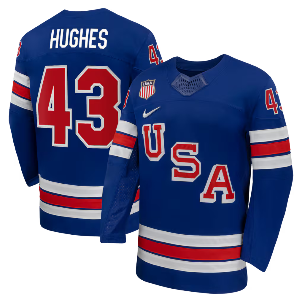 Quinn Hughes USA 2026 Olympic Home Jersey - Royal sports jersey product view 1
