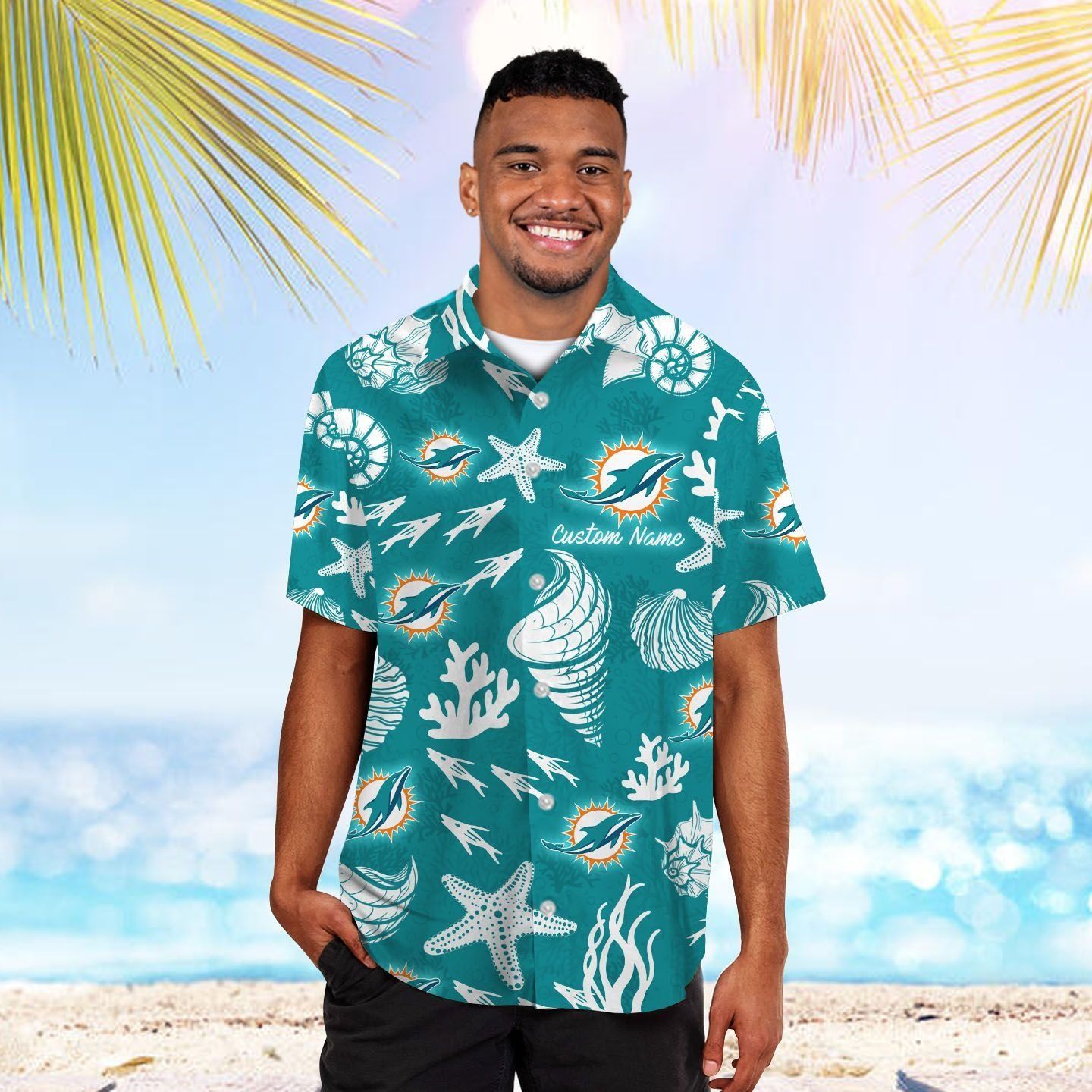 Miami Dolphins Name Personalized Short Sleeve Button Up Tropical Hawaiian Shirt Unisex T-shirt, Sweatshirt, Hoodie, Long Sleeve Tee - T-Shirt, Sweatshirt, Hoodie