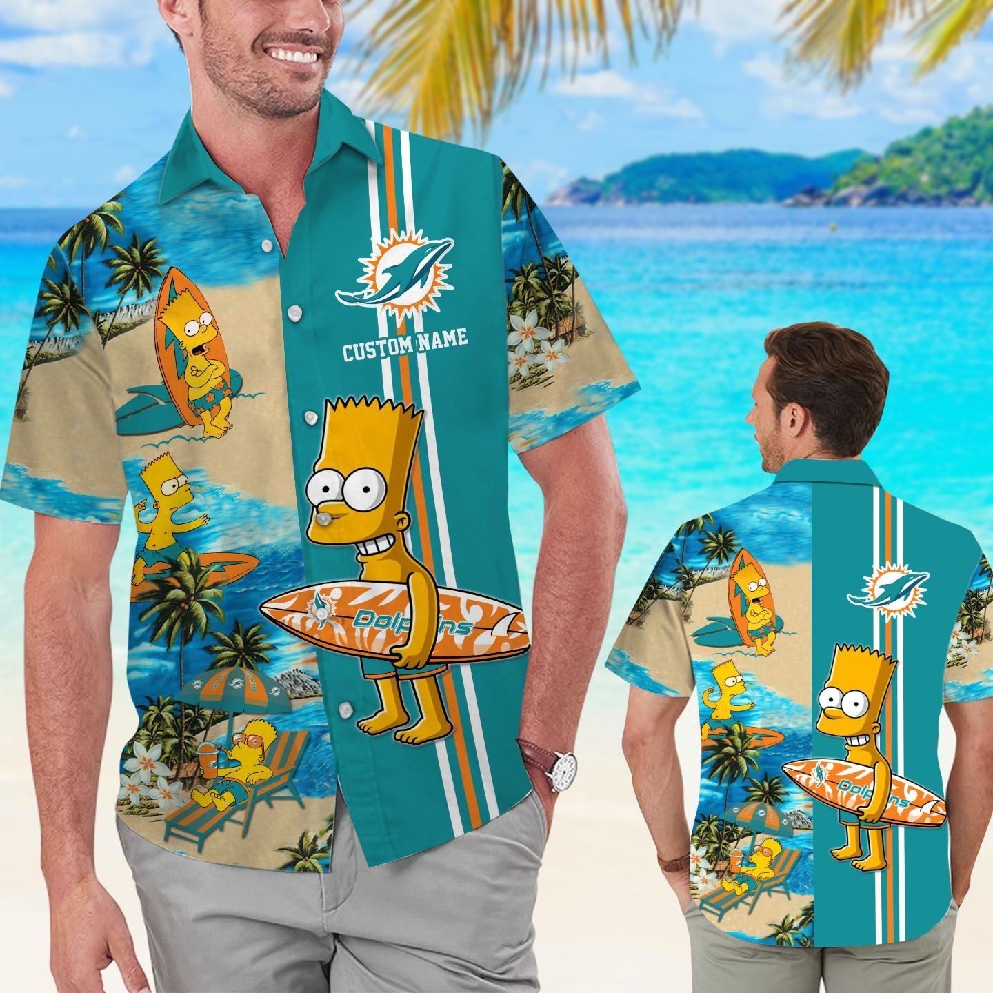 Miami Dolphins Simpsons Name Personalized Short Sleeve Button Up Tropical Hawaiian Shirt Unisex T-shirt, Sweatshirt, Hoodie, Long Sleeve Tee - T-Shirt, Sweatshirt, Hoodie