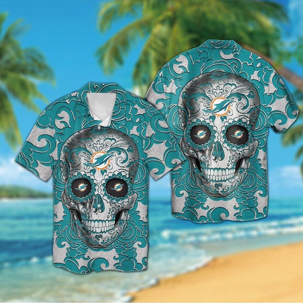 Miami Dolphins Sugarskull Short Sleeve Button Up Tropical Hawaiian Shirt Unisex T-shirt, Sweatshirt, Hoodie, Long Sleeve Tee - T-Shirt, Sweatshirt, Hoodie