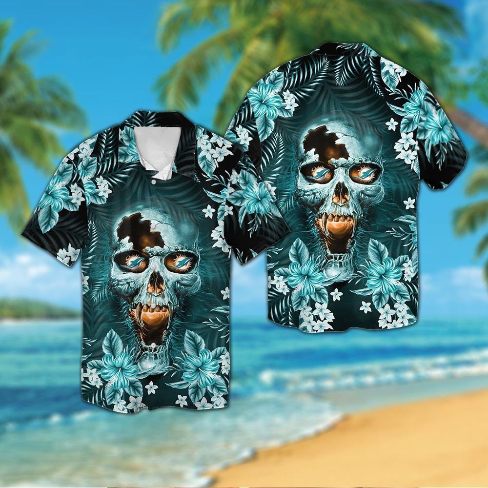 Miami Dolphinsskull Short Sleeve Button Up Tropical Hawaiian Shirt VER01 Unisex T-shirt, Sweatshirt, Hoodie, Long Sleeve Tee - T-Shirt, Sweatshirt, Hoodie