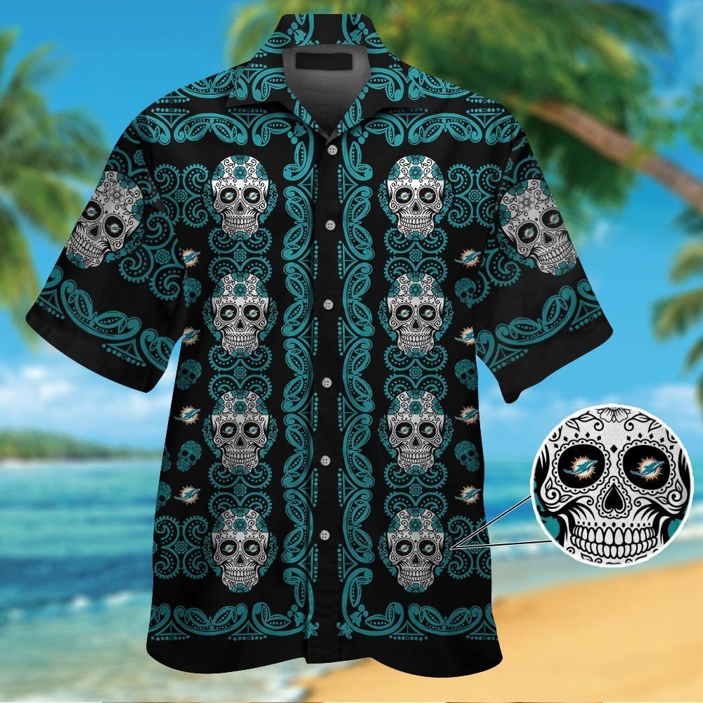 Miami Dolphinsskull Short Sleeve Button Up Tropical Hawaiian Shirt VER02 Unisex T-shirt, Sweatshirt, Hoodie, Long Sleeve Tee - T-Shirt, Sweatshirt, Hoodie