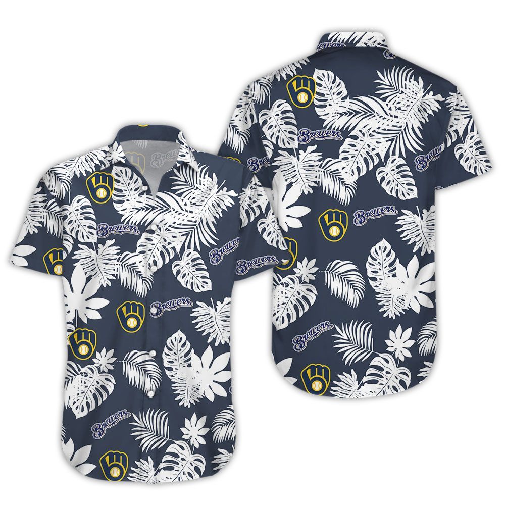 Milwaukee Brewers Hawaiian Shirt Brewers Name Tropical Palm Leaves Black Hawaii Shirt Milwaukee Brewers Aloha Shirt - T-Shirt, Sweatshirt, Hoodie