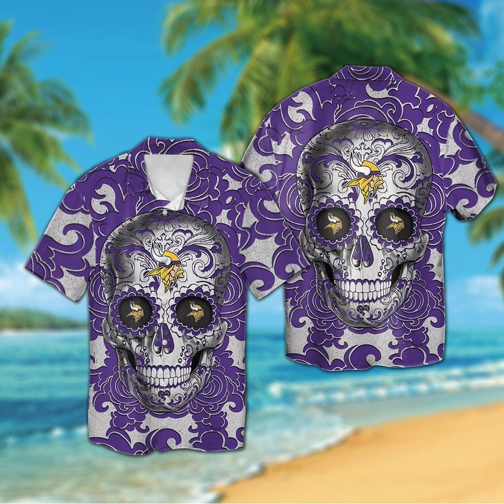 Minnesota Vikings Sugarskull Short Sleeve Button Up Tropical Hawaiian Shirt Unisex T-shirt, Sweatshirt, Hoodie, Long Sleeve Tee - T-Shirt, Sweatshirt, Hoodie