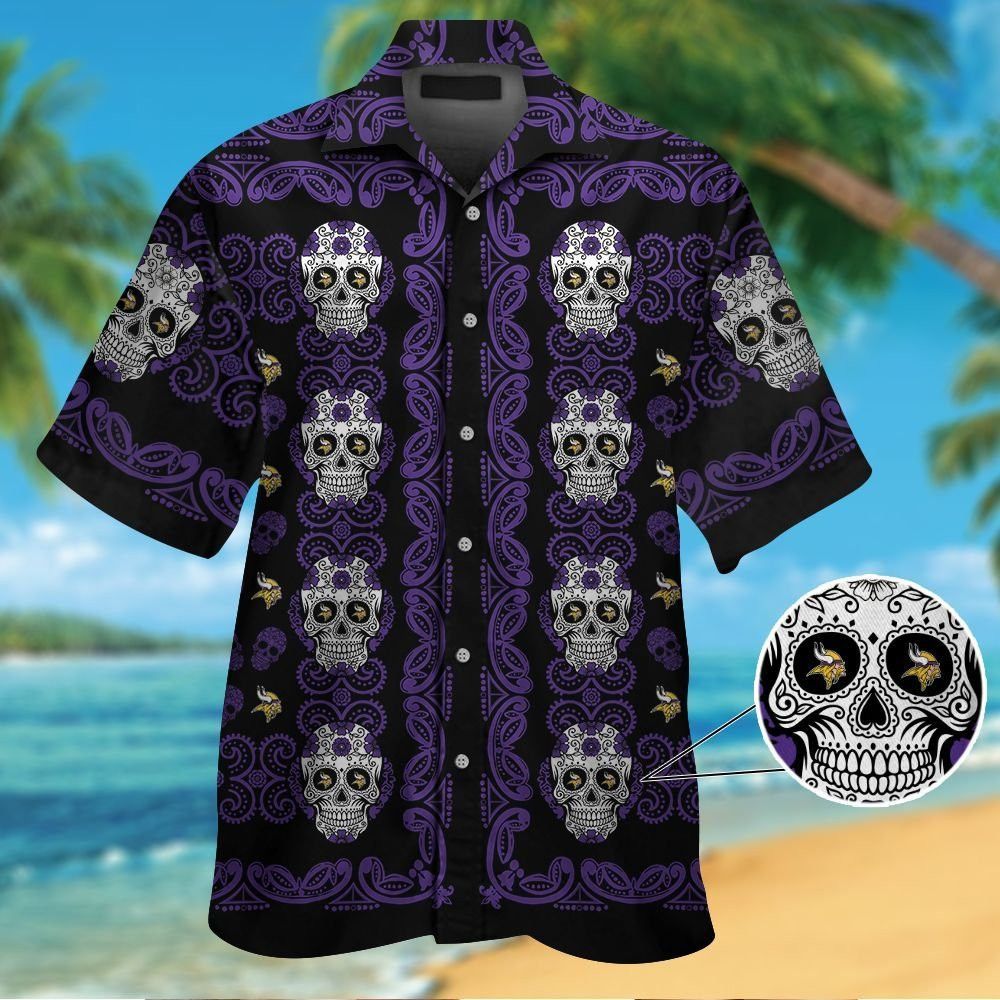 Minnesota Vikingsskull Short Sleeve Button Up Tropical Hawaiian Shirt VER01 Unisex T-shirt, Sweatshirt, Hoodie, Long Sleeve Tee - T-Shirt, Sweatshirt, Hoodie