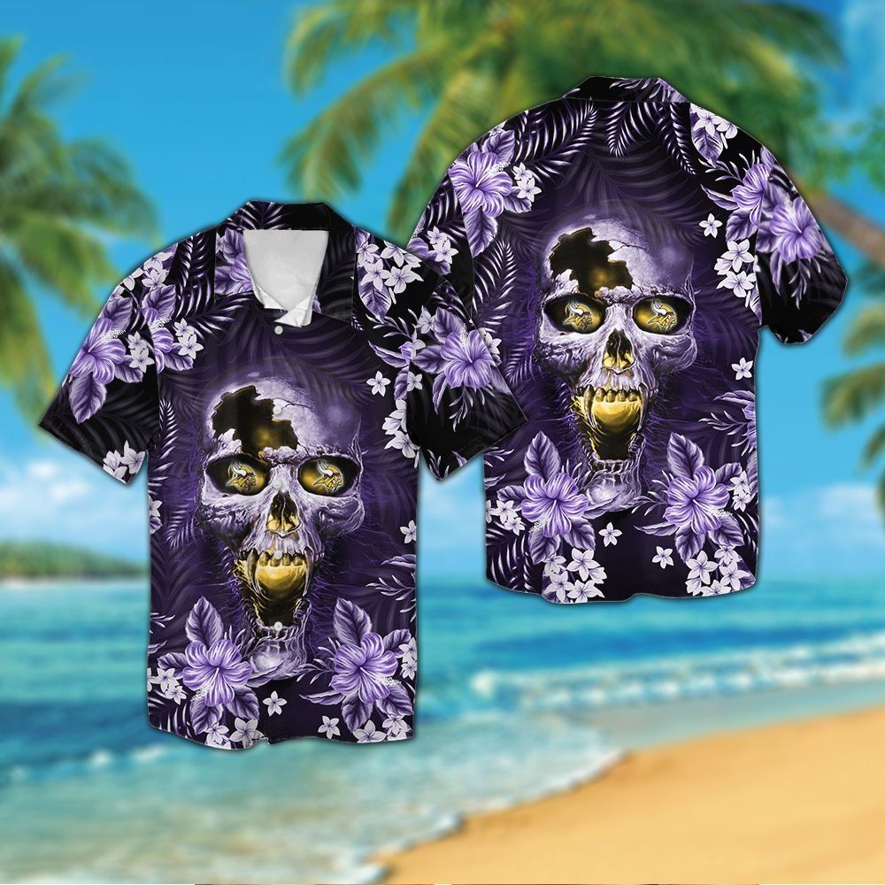 Minnesota Vikingsskull Short Sleeve Button Up Tropical Hawaiian Shirt VER02 Unisex T-shirt, Sweatshirt, Hoodie, Long Sleeve Tee - T-Shirt, Sweatshirt, Hoodie