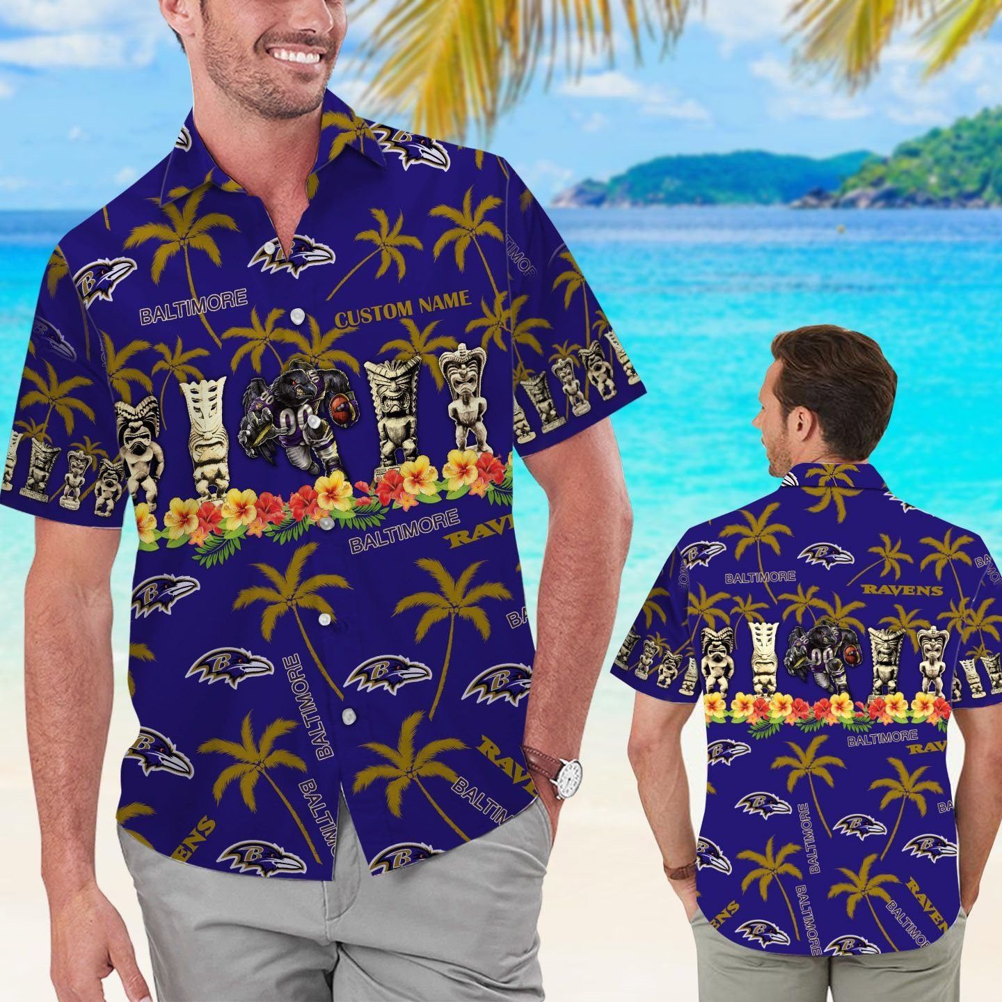 Name Personalized Baltimore Ravens Hawaiian Short Sleeve Shirt Unisex T-shirt, Sweatshirt, Hoodie, Long Sleeve Tee - T-Shirt, Sweatshirt, Hoodie
