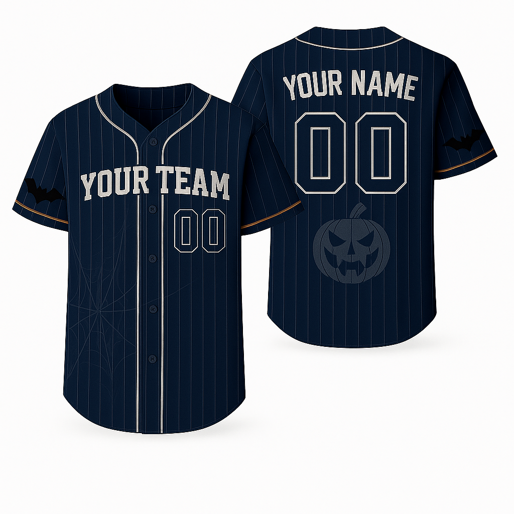 Custom Halloween Baseball Jersey  Pinstripe Bat & Web Design  Personalized Team Name & Number - T-Shirt, Sweatshirt, Hoodie