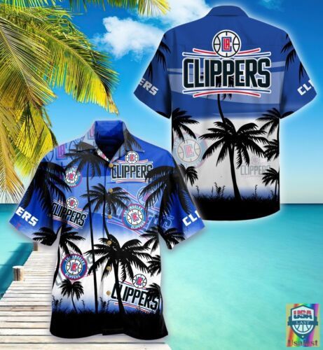Nba Los Angeles Clippers Blue White Palm Tree Trendy Hawaiian Shirt Aloha Shirt Unisex T-shirt, Sweatshirt, Hoodie, Long Sleeve Tee - T-Shirt, Sweatshirt, Hoodie