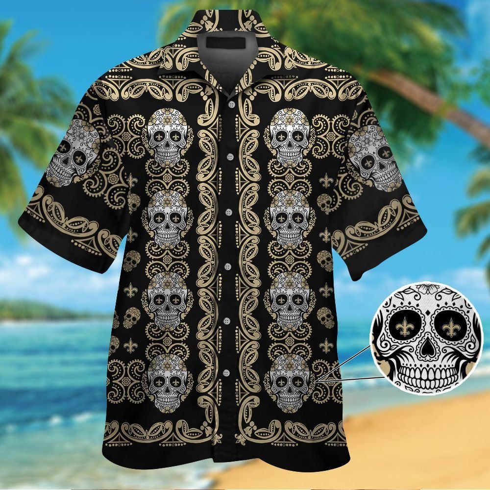 New Orleans Saintsskull Short Sleeve Button Up Tropical Hawaiian Shirt VER01 Unisex T-shirt, Sweatshirt, Hoodie, Long Sleeve Tee - T-Shirt, Sweatshirt, Hoodie