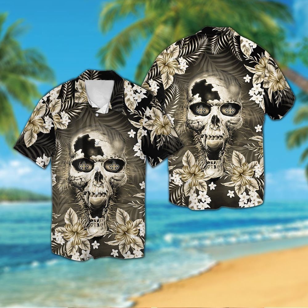 New Orleans Saintsskull Short Sleeve Button Up Tropical Hawaiian Shirt VER02 Unisex T-shirt, Sweatshirt, Hoodie, Long Sleeve Tee - T-Shirt, Sweatshirt, Hoodie