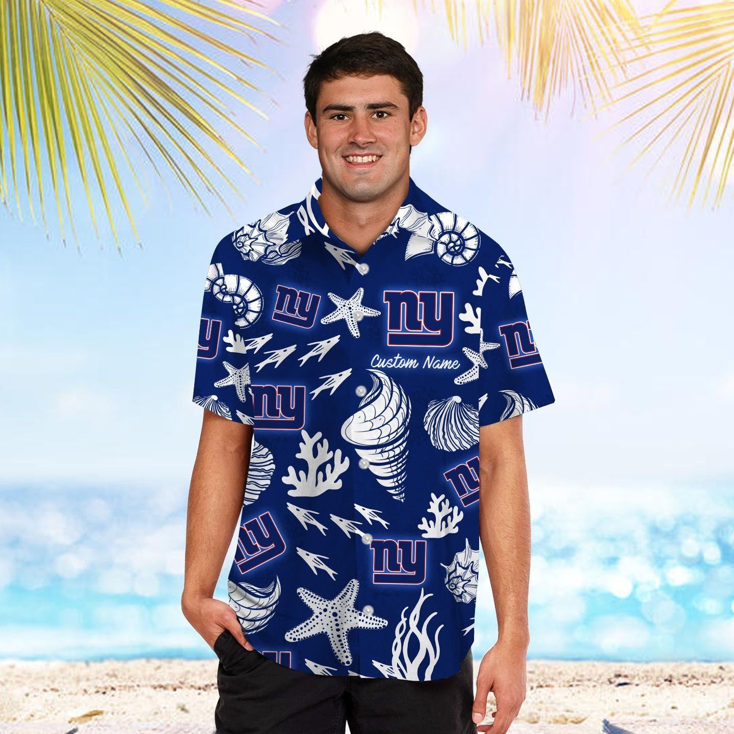 New York Giants Name Personalized Short Sleeve Button Up Tropical Hawaiian Shirt Unisex T-shirt, Sweatshirt, Hoodie, Long Sleeve Tee - T-Shirt, Sweatshirt, Hoodie