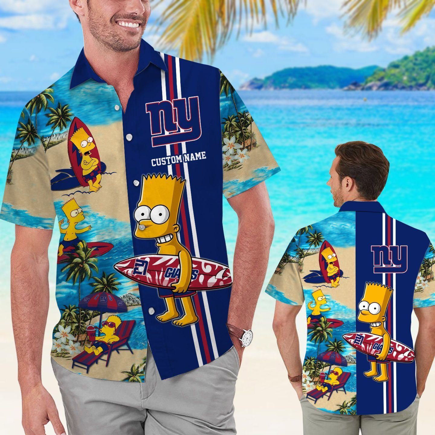 New York Giants Simpsons Name Personalized Short Sleeve Button Up Tropical Hawaiian Shirt Unisex T-shirt, Sweatshirt, Hoodie, Long Sleeve Tee - T-Shirt, Sweatshirt, Hoodie