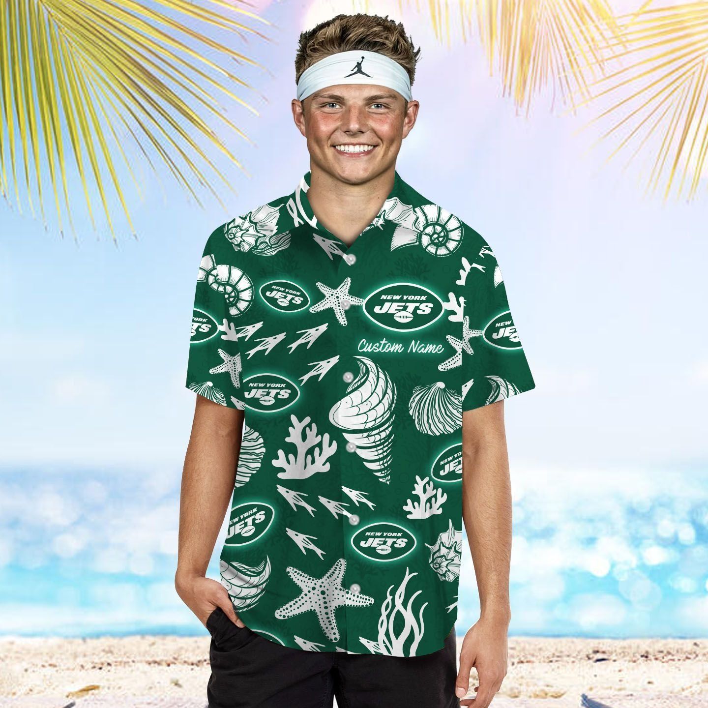 New York Jets Name Personalized Short Sleeve Button Up Tropical Hawaiian Shirt Unisex T-shirt, Sweatshirt, Hoodie, Long Sleeve Tee - T-Shirt, Sweatshirt, Hoodie
