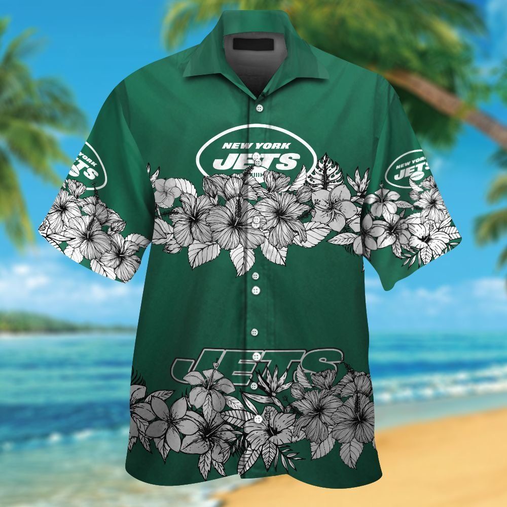 New York Jets Short Sleeve Button Up Tropical Hawaiian Shirt VER01 Unisex T-shirt, Sweatshirt, Hoodie, Long Sleeve Tee - T-Shirt, Sweatshirt, Hoodie