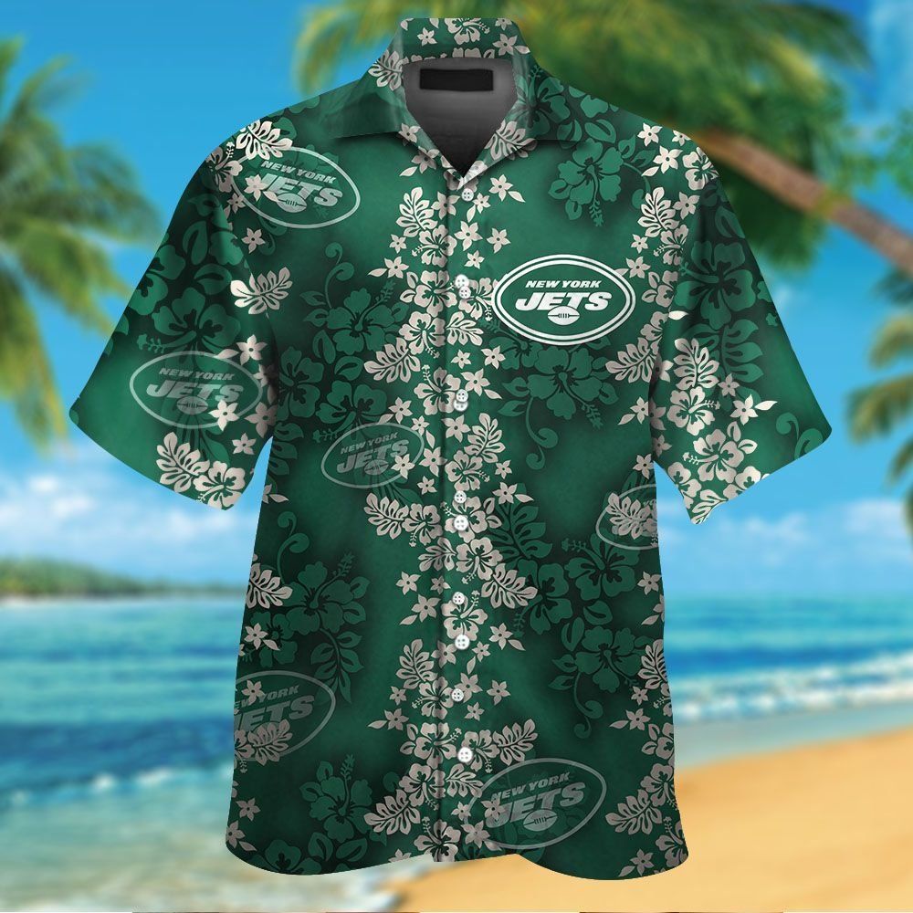 New York Jets Short Sleeve Button Up Tropical Hawaiian Shirt VER010 Unisex T-shirt, Sweatshirt, Hoodie, Long Sleeve Tee - T-Shirt, Sweatshirt, Hoodie
