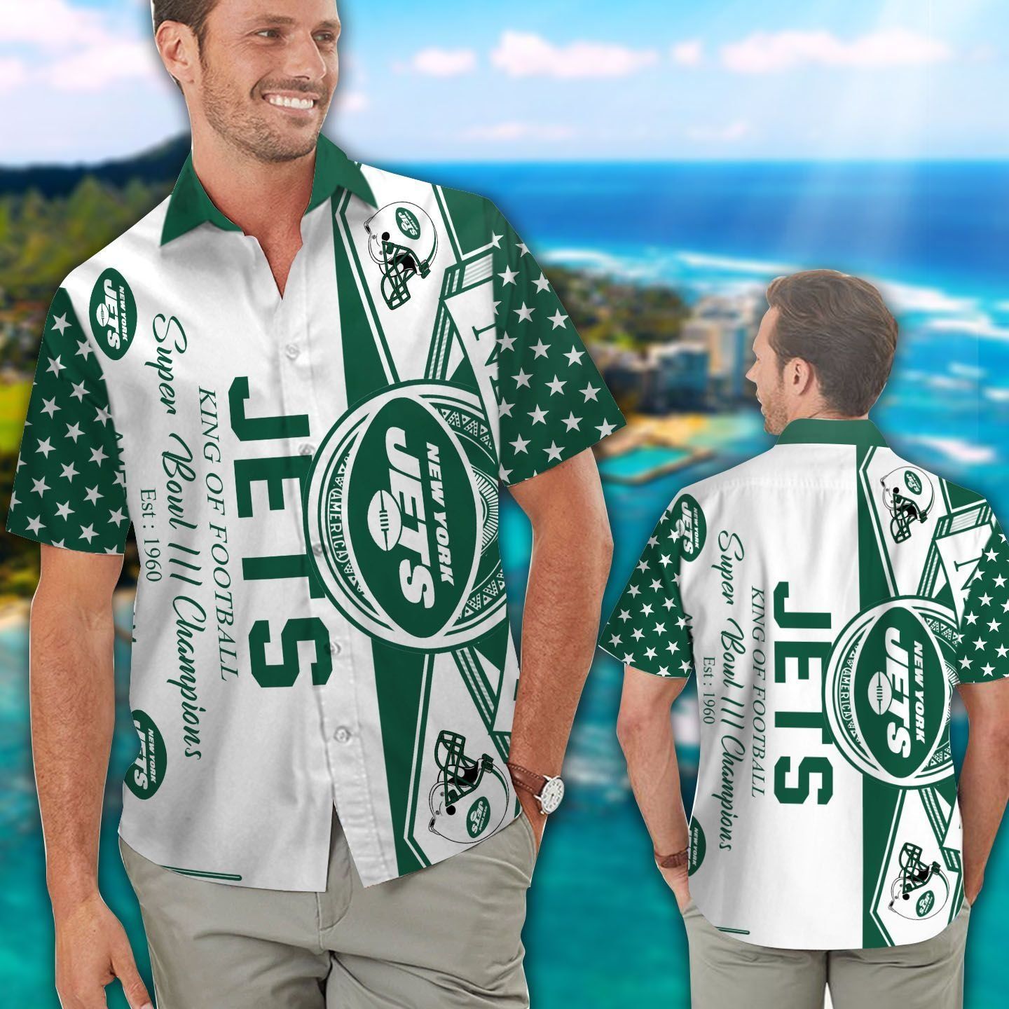 New York Jets Short Sleeve Button Up Tropical Hawaiian Shirt VER016 Unisex T-shirt, Sweatshirt, Hoodie, Long Sleeve Tee - T-Shirt, Sweatshirt, Hoodie