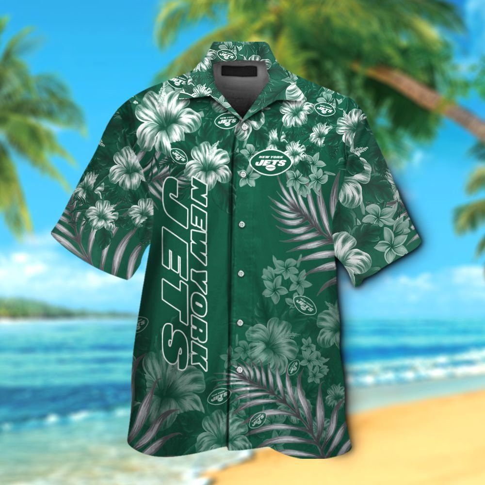 New York Jets Short Sleeve Button Up Tropical Hawaiian Shirt VER025 Unisex T-shirt, Sweatshirt, Hoodie, Long Sleeve Tee - T-Shirt, Sweatshirt, Hoodie