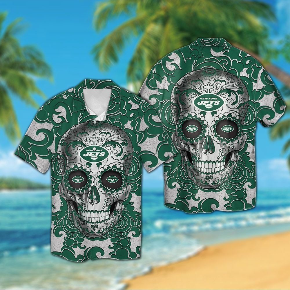 New York Jets Sugarskull Short Sleeve Button Up Tropical Hawaiian Shirt Unisex T-shirt, Sweatshirt, Hoodie, Long Sleeve Tee - T-Shirt, Sweatshirt, Hoodie