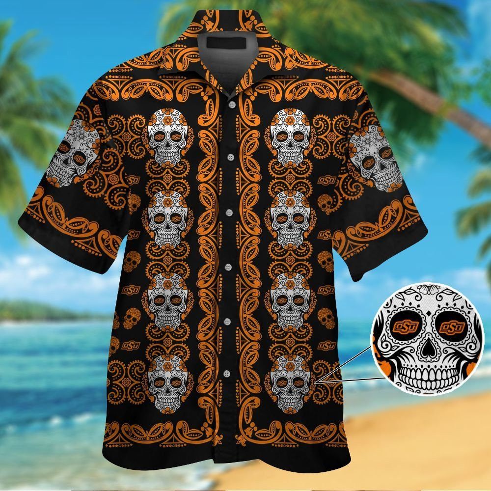 Oklahoma State Cowboysskull Short Sleeve Button Up Tropical Hawaiian Shirt Unisex T-shirt, Sweatshirt, Hoodie, Long Sleeve Tee - T-Shirt, Sweatshirt, Hoodie