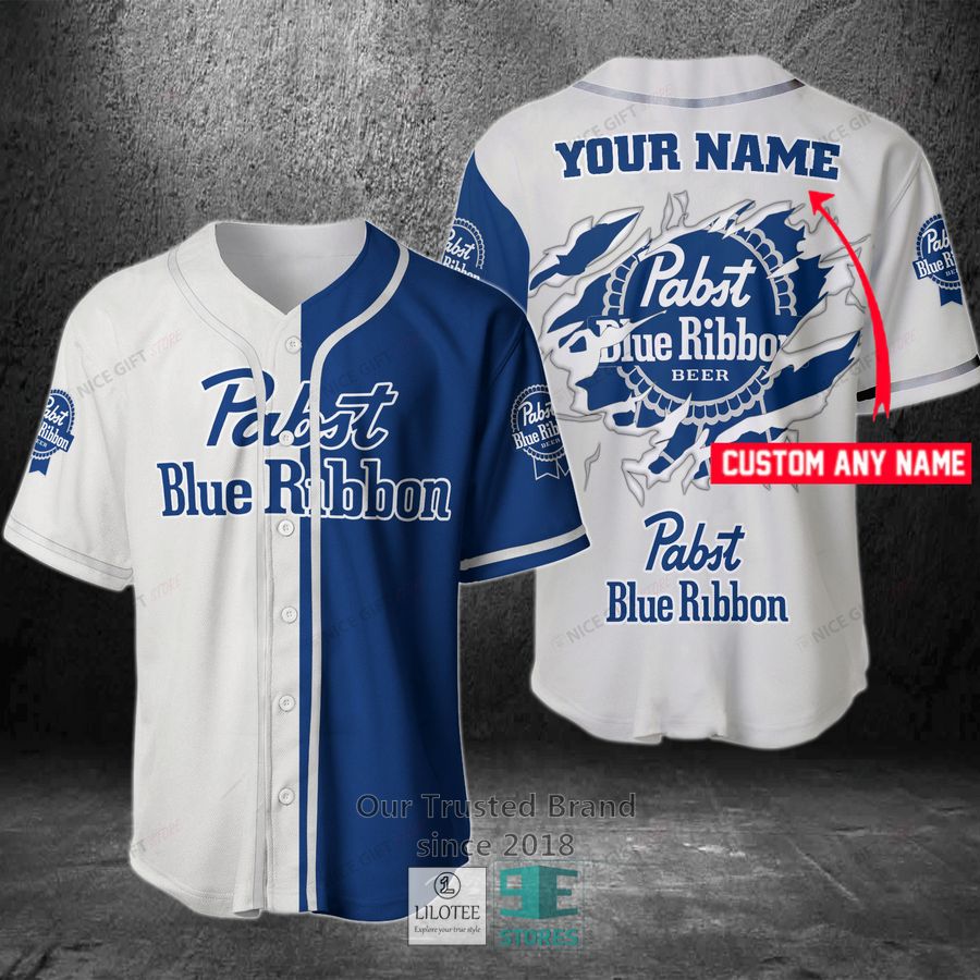 Pabst Blue Ribbon Your Name Blue white Baseball Jersey Unisex T-shirt, Sweatshirt, Hoodie, Long Sleeve Tee - T-Shirt, Sweatshirt, Hoodie