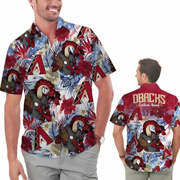 Personalized Arizona Diamondbacks Mascot Tropical Flower Hawaiian Shirt Unisex T-shirt, Sweatshirt, Hoodie, Long Sleeve Tee - T-Shirt, Sweatshirt, Hoodie