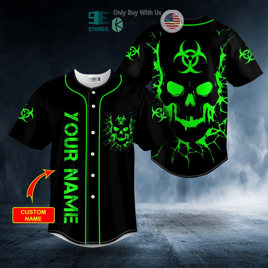 BEST Personalized Biohazard Symbol Green Flame Skull Custom Baseball Shirt Unisex T-shirt, Sweatshirt, Hoodie, Long Sleeve Tee - T-Shirt, Sweatshirt, Hoodie