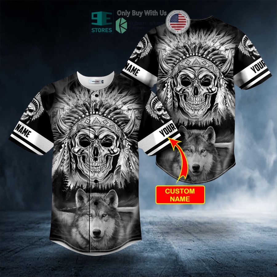 BEST Personalized Black White Wolf N Native Skull Custom Baseball Jersey Unisex T-shirt, Sweatshirt, Hoodie, Long Sleeve Tee - T-Shirt, Sweatshirt, Hoodie