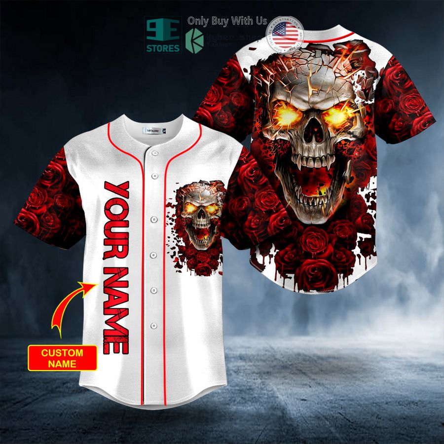 BEST Personalized Blood Rose Fire Skull Custom Baseball Shirt Unisex T-shirt, Sweatshirt, Hoodie, Long Sleeve Tee - T-Shirt, Sweatshirt, Hoodie