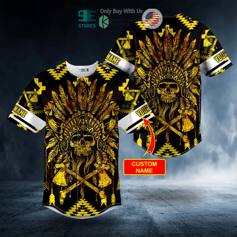 BEST Personalized Native Skull Brocade Pattern Yellow black Custom Baseball Jersey Unisex T-shirt, Sweatshirt, Hoodie, Long Sleeve Tee - T-Shirt, Sweatshirt, Hoodie