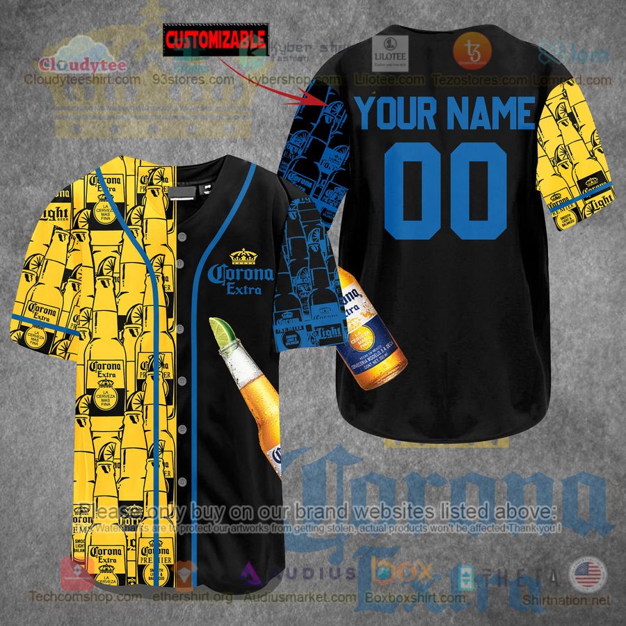 HOT Corona Extra yellow black Custom Name Baseball Jersey Shirt Unisex T-shirt, Sweatshirt, Hoodie, Long Sleeve Tee - T-Shirt, Sweatshirt, Hoodie