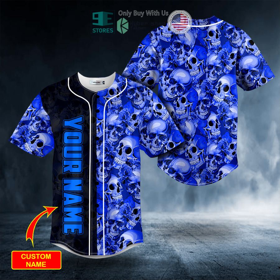 BEST Personalized Dark Blue Flame Pile Skull Custom Baseball Jersey Unisex T-shirt, Sweatshirt, Hoodie, Long Sleeve Tee - T-Shirt, Sweatshirt, Hoodie