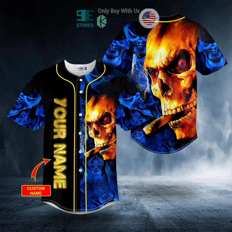 BEST Personalized Golden Smoking Blue Smoke Skull Custom Baseball Shirt Unisex T-shirt, Sweatshirt, Hoodie, Long Sleeve Tee - T-Shirt, Sweatshirt, Hoodie