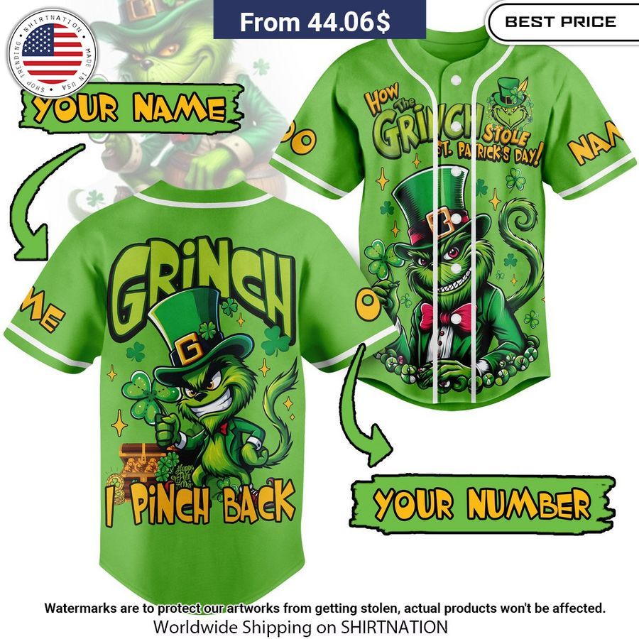 Personalized How The Grinch Stole St. Patrick's Day Baseball Jersey Unisex T-shirt, Sweatshirt, Hoodie, Long Sleeve Tee - T-Shirt, Sweatshirt, Hoodie