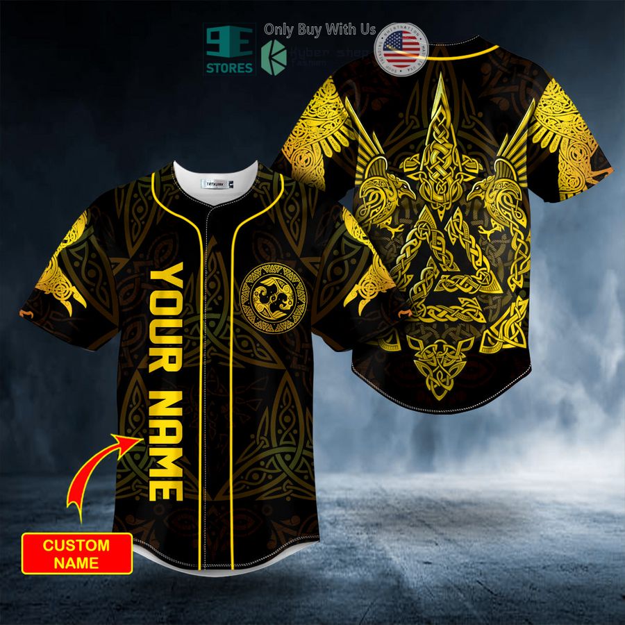 BEST Personalized Huginn N Muninn Valknut Viking Yellow Tattoo Custom Baseball Jersey Unisex T-shirt, Sweatshirt, Hoodie, Long Sleeve Tee - T-Shirt, Sweatshirt, Hoodie