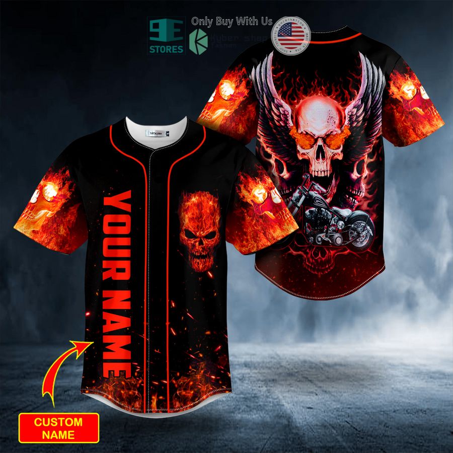 BEST Personalized Motorcycle Winged Fire Skull Custom Baseball Jersey Unisex T-shirt, Sweatshirt, Hoodie, Long Sleeve Tee - T-Shirt, Sweatshirt, Hoodie
