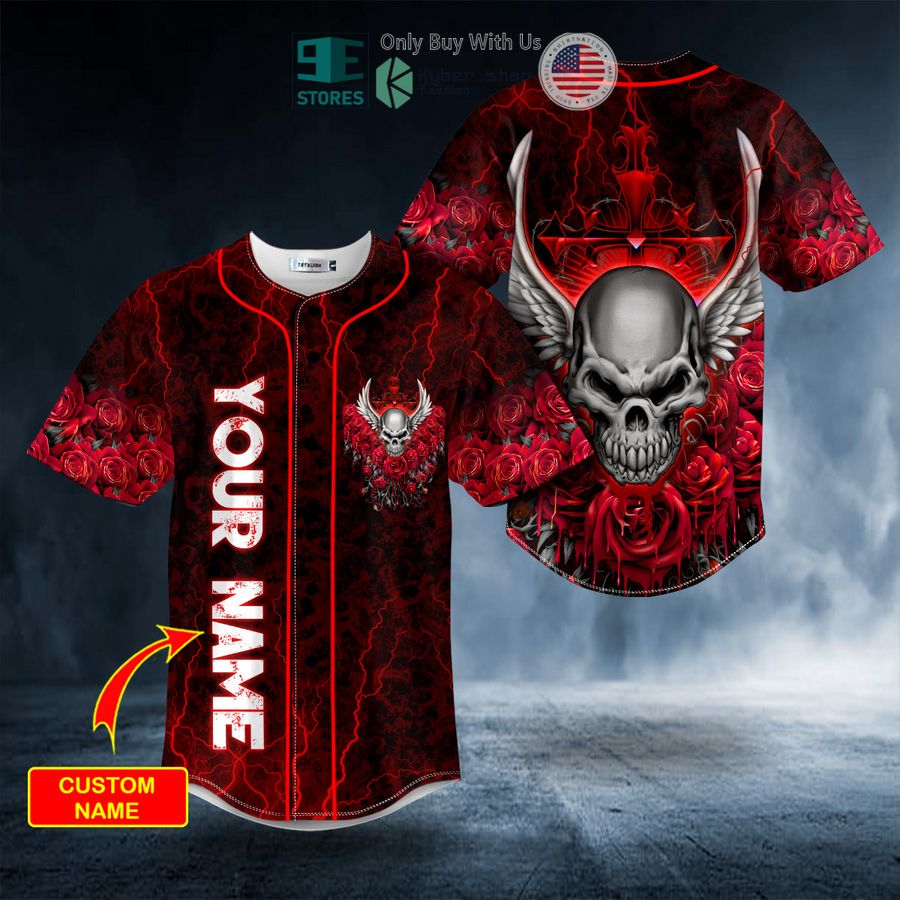 BEST Personalized Red Roses Winged Angel Skull Custom Baseball Jersey Unisex T-shirt, Sweatshirt, Hoodie, Long Sleeve Tee - T-Shirt, Sweatshirt, Hoodie