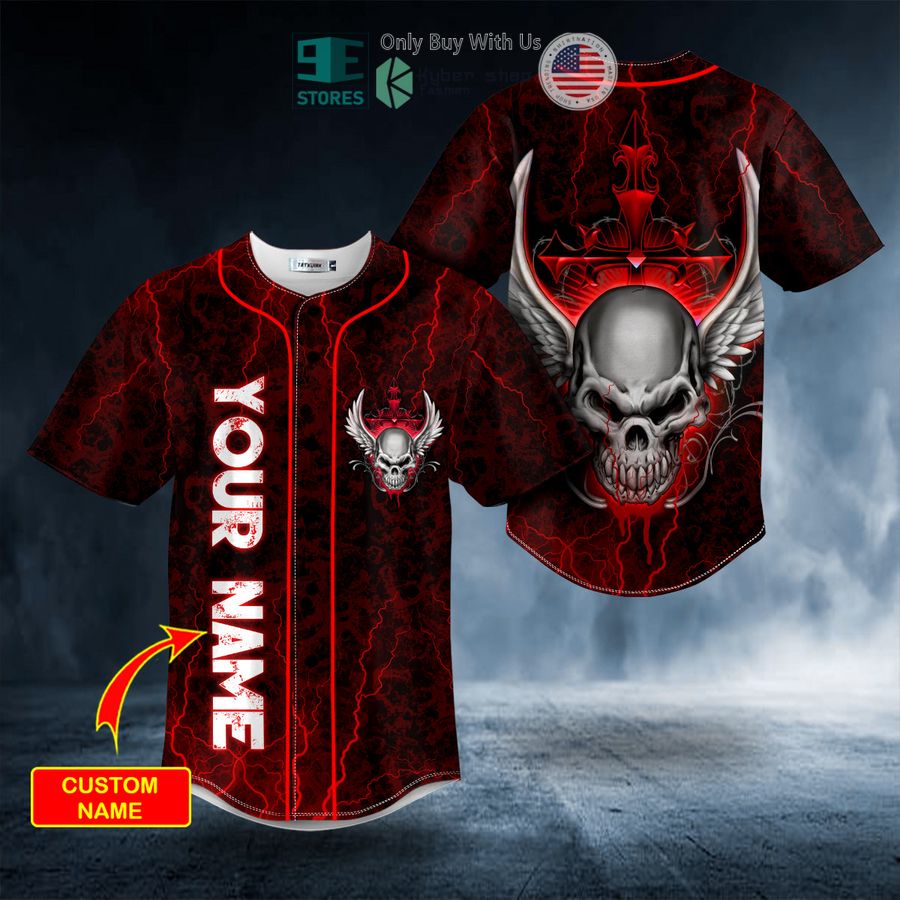 BEST Personalized Red Winged Fire Skull Custom Baseball Jersey Unisex T-shirt, Sweatshirt, Hoodie, Long Sleeve Tee - T-Shirt, Sweatshirt, Hoodie