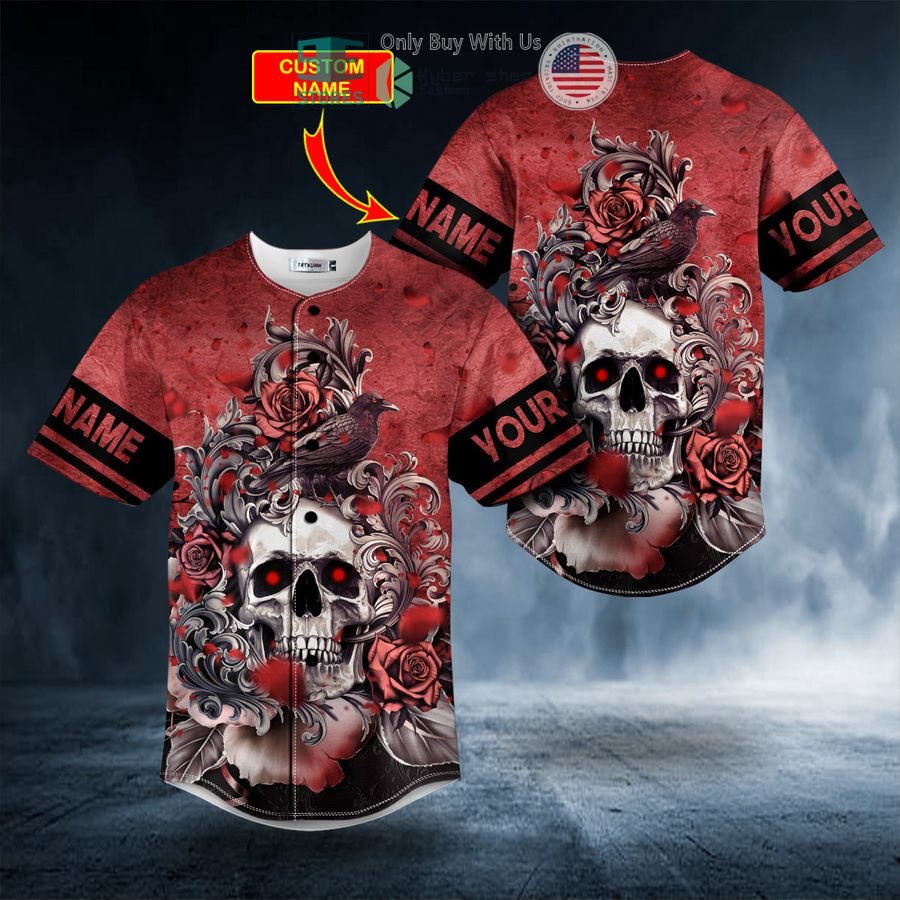BEST Personalized Roses Raven Skull Custom Baseball Jersey Unisex T-shirt, Sweatshirt, Hoodie, Long Sleeve Tee - T-Shirt, Sweatshirt, Hoodie